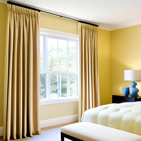 Beige curtains on yellow walls.