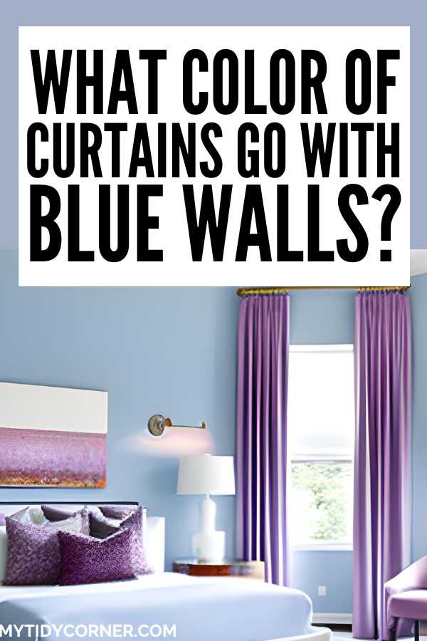 A blue and lilac bedroom and text overlay that reads, "What color of curtains go with blue walls?"