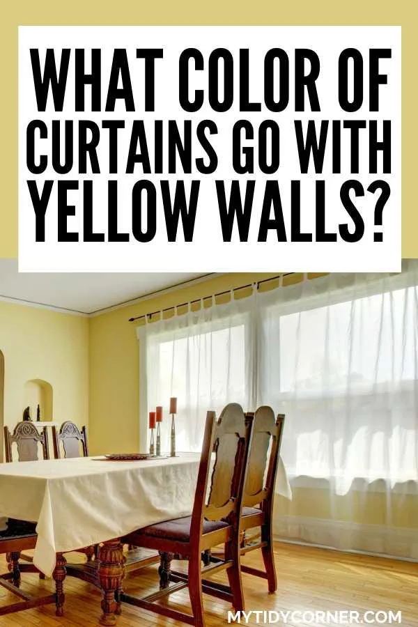 Classic dining room and text overlay that reads, "What color of curtains go with yellow walls?"