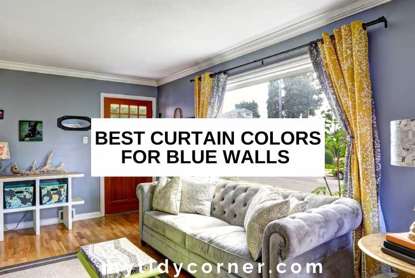 A modern living room and text overlay that reads, "Best curtain colors for blue walls".