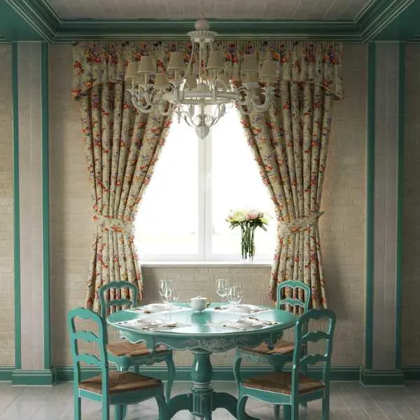 Dining room with apron length curtains.