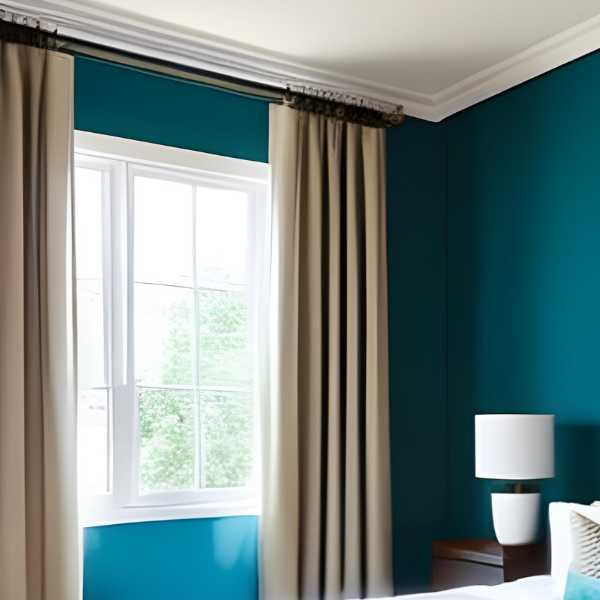 Room with blue walls and taupe curtains.