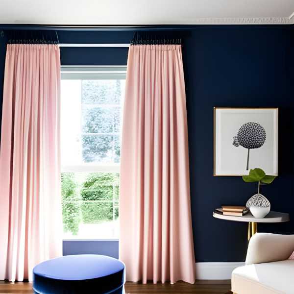 Room with dark blue walls and blush pink curtains.
