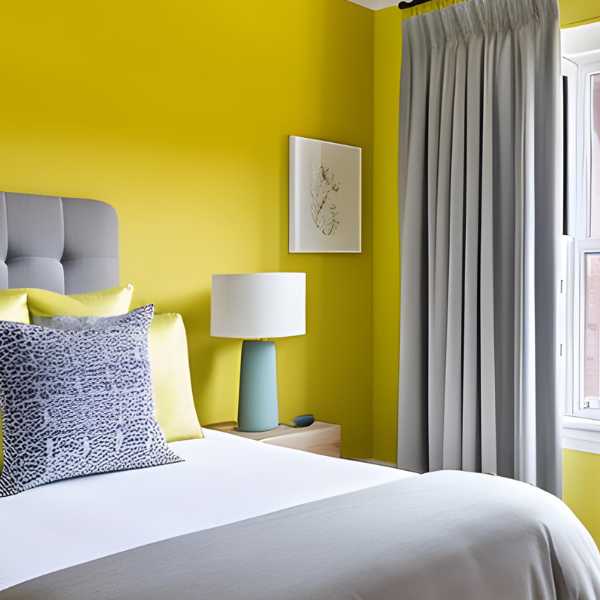 Yellow and gray bedroom.