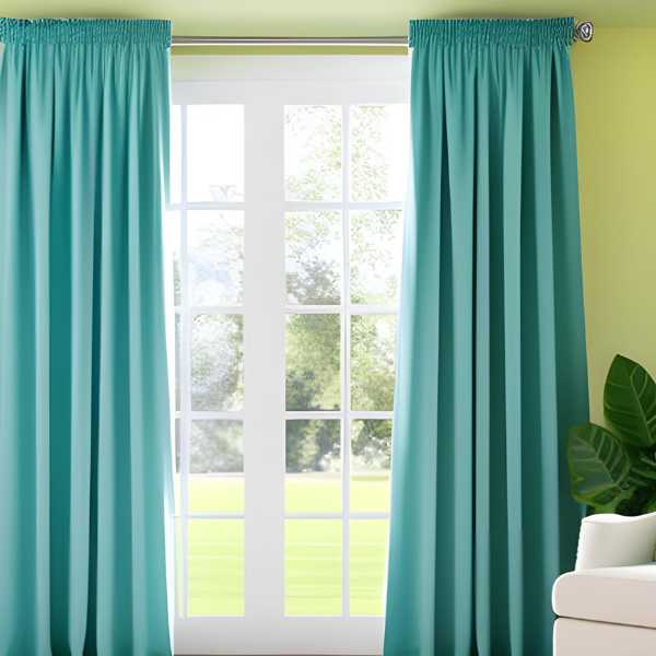 Yellow room with aqua blue curtains
