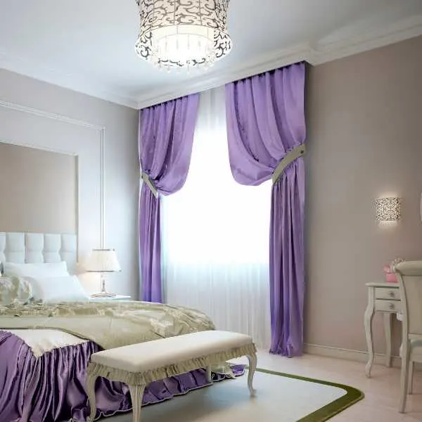Bedroom with beautiful lavender curtains.