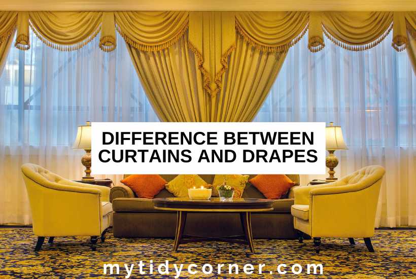 A luxurious living room and text overlay that reads, "Difference between curtains and drapes".