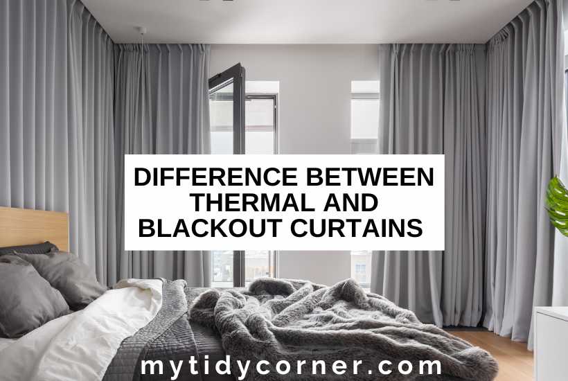 A modern bedroom and text overlay that reads, "Difference between thermal and blackout curtains".