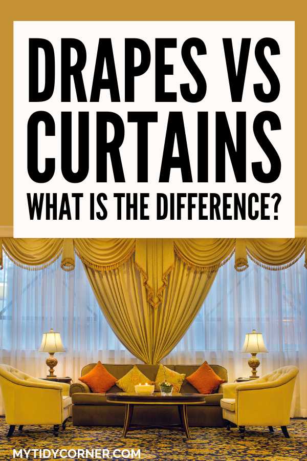 An opulent living room and text overlay that reads, "Drapes vs curtains - what is the difference?"