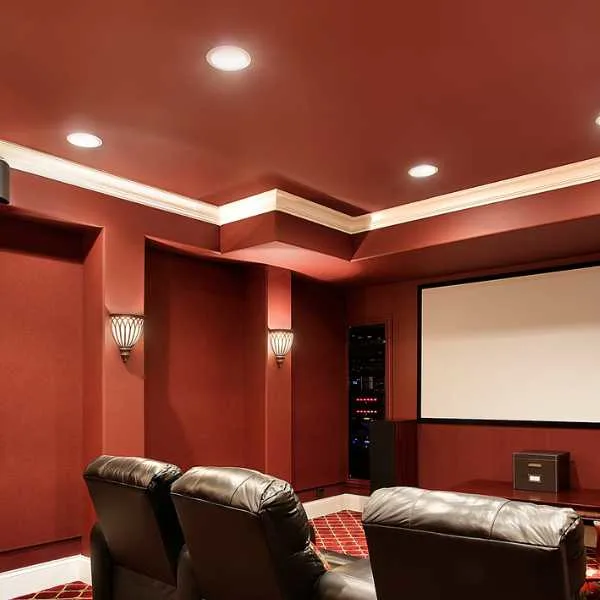 Home movie room with red walls and ceiling.