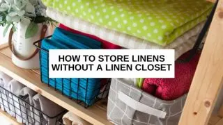 Bed sheets and towels on shelves and text overlay that reads, 