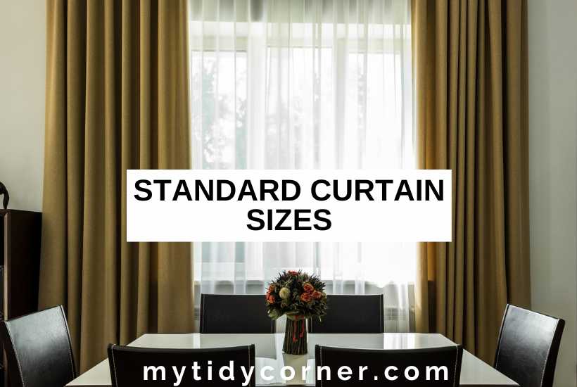 A modern dining and text overlay that reads, "Standard curtain sizes".