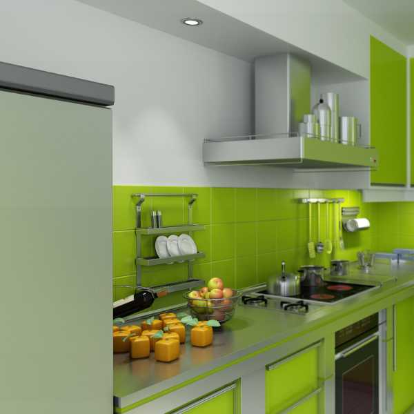 A green kitchen.