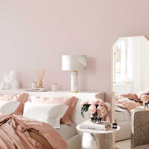Blush pink bedroom.