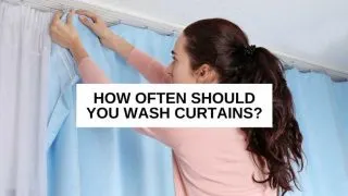 A woman hanging a curtain and text overlay that reads, 