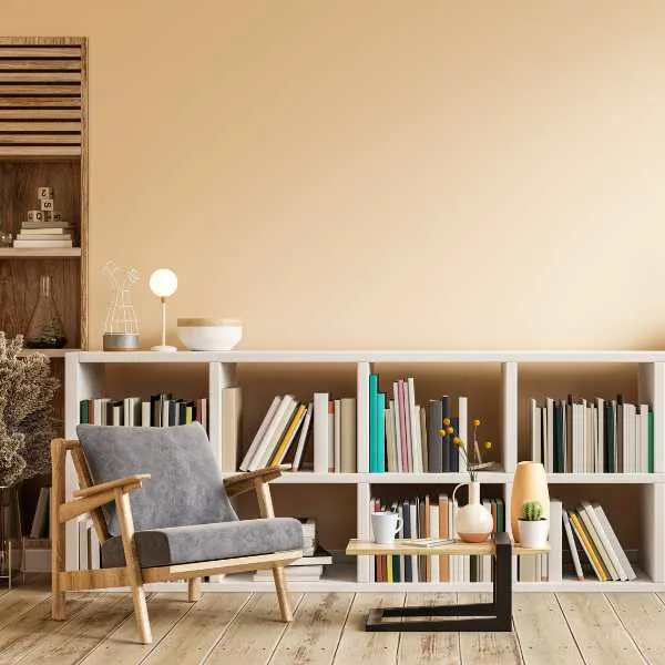 Living room with beige walls and book shelf.