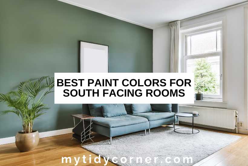 Modern teal living room with text overlay that reads, "Best paint colors for south facing rooms".