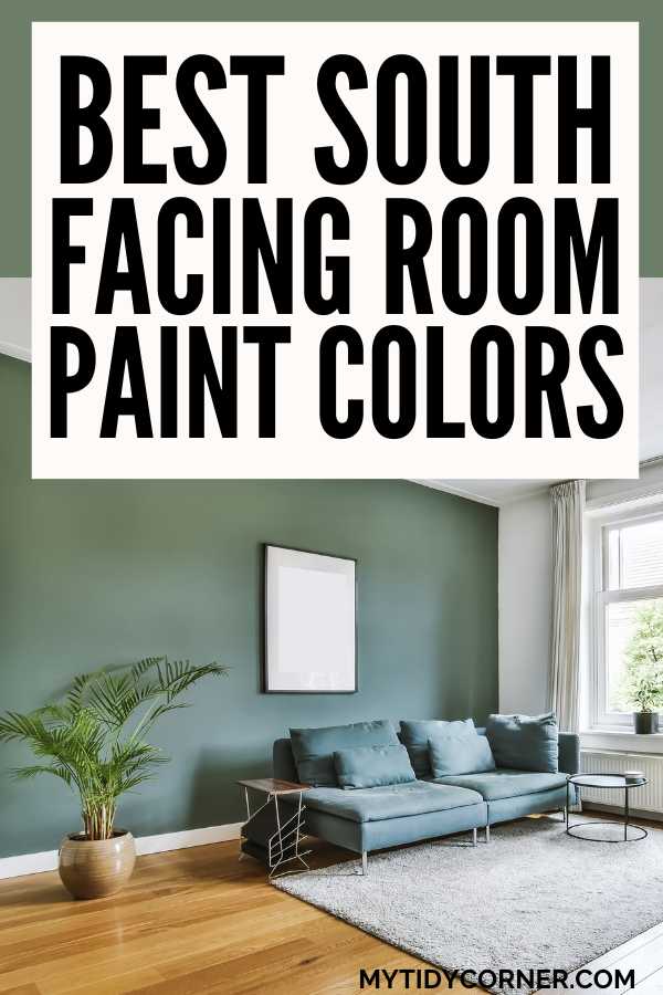 Pin graphic of a teal living room with text overlay that reads, "Best south facing room paint colors".