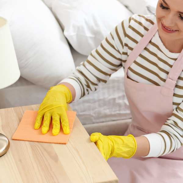 A woman dusting a nightstand.