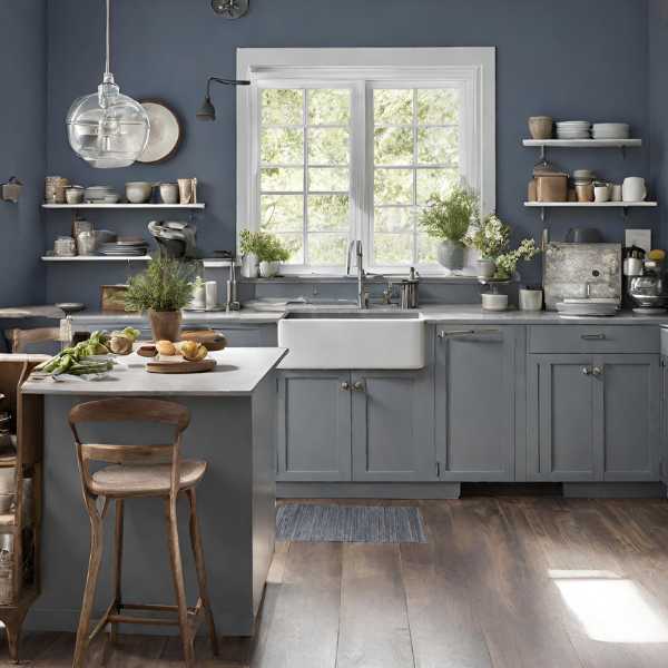 Blue gray kitchen.