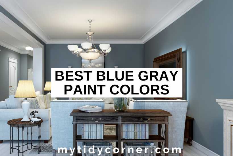 A modern kitchen and text overlay that reads, "Best blue gray paint colors".