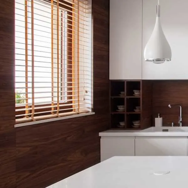 Brown and white kitchen.