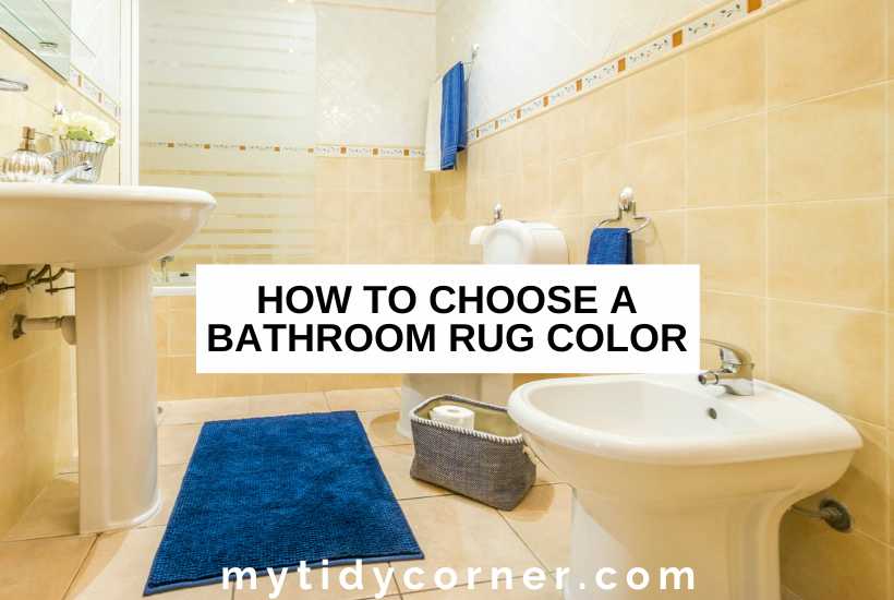 A classic bathroom and text overlay that reads, "How to choose a bathroom rug color"