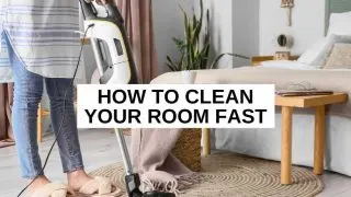 A woman with a vacuum in a bedroom and text overlay that reads, 