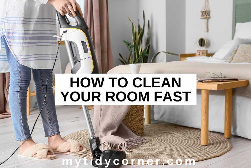 A woman with a vacuum in a bedroom and text overlay that reads, "How to clean your room fast".