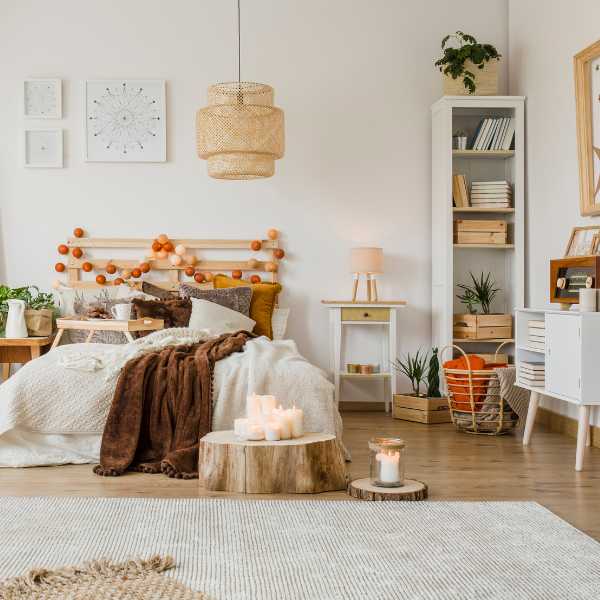 Hygge bedroom with Berber rug.