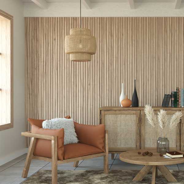 Living room with slated wood wall.