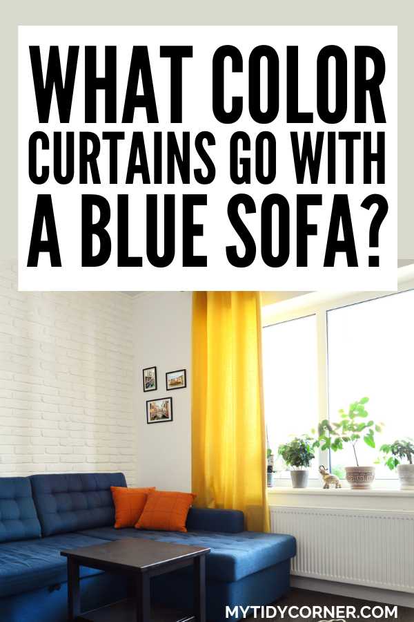 Modern living room and text overlay that reads, "What color curtains go with a blue sofa?"
