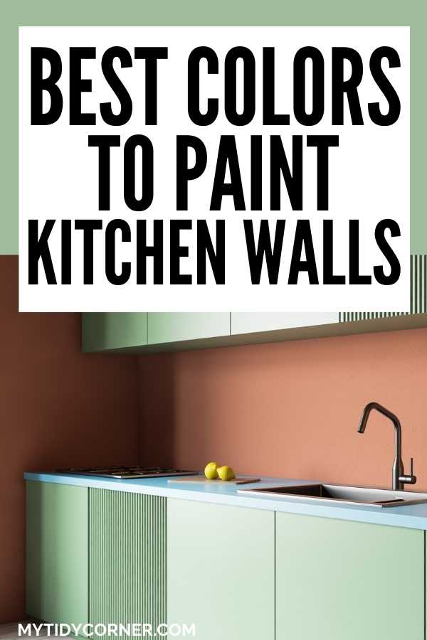 Kitchen with terracotta walls and light green cabinets and text overlay that reads, "Best colors to paint kitchen walls".