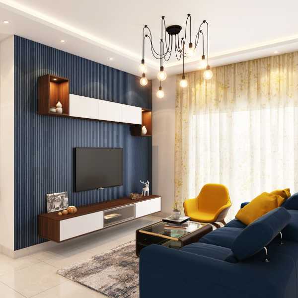 Blue and yellow living room.
