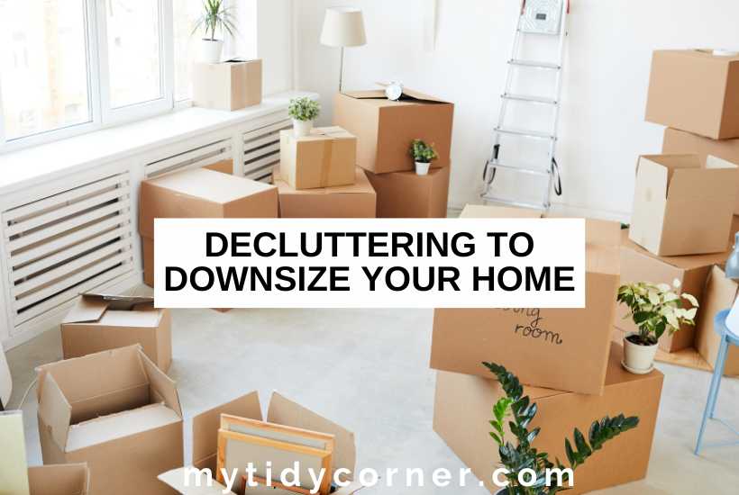 Brown boxes in a room and text overlay that reads, "Decluttering to downsize your home".