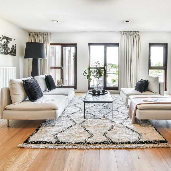 Neutral living room with patterned rug.