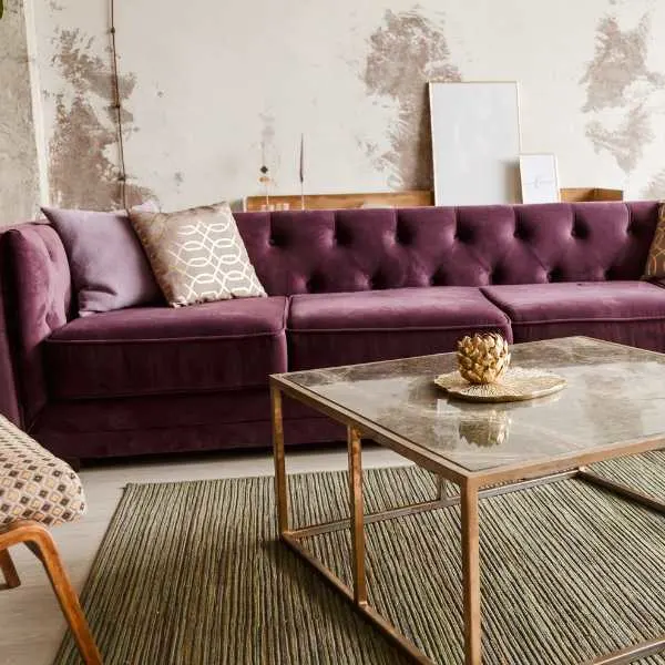 Purple velvet sofa, coffee table and beige rug.