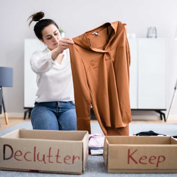 Woman holding up a blouse and declutter and keep boxes.