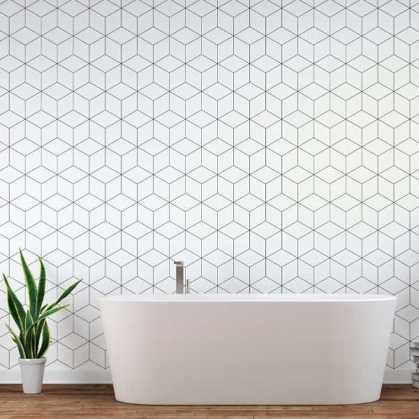 Bathroom with diagonal wallpaper.