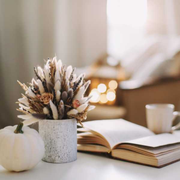 Book and other hygge decor pieces.