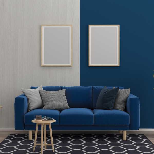 Cozy room with blue sofa.
