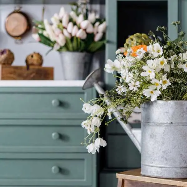 Flowers in watering can in a kitchen with teal cabinetry.