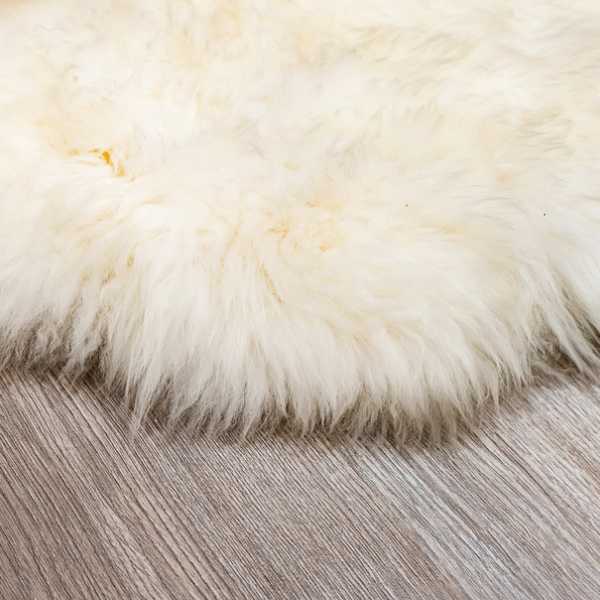 Fuzzy rug on wood floor.