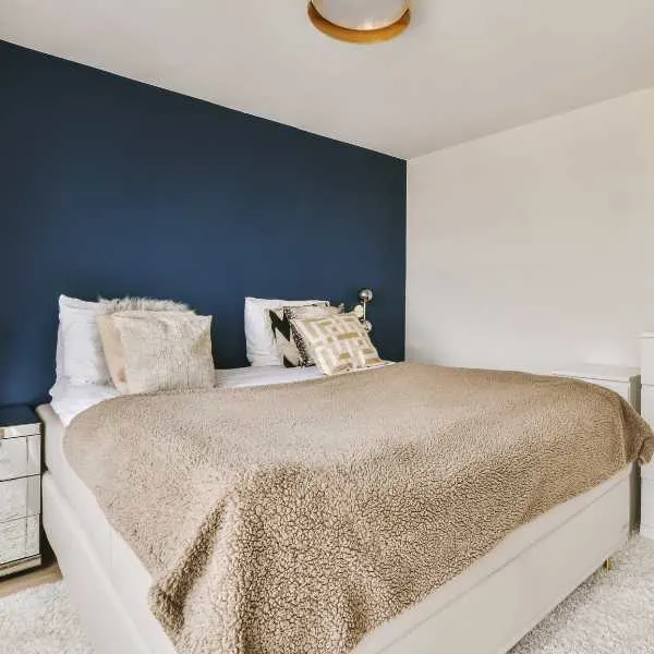Bedroom with navy blue accent wall.