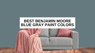 Blush pink throws on gray couch, bluish gray wall and text overlay that reads, 