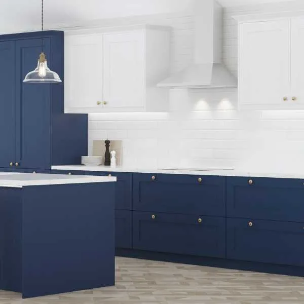 Blue and white kitchen.