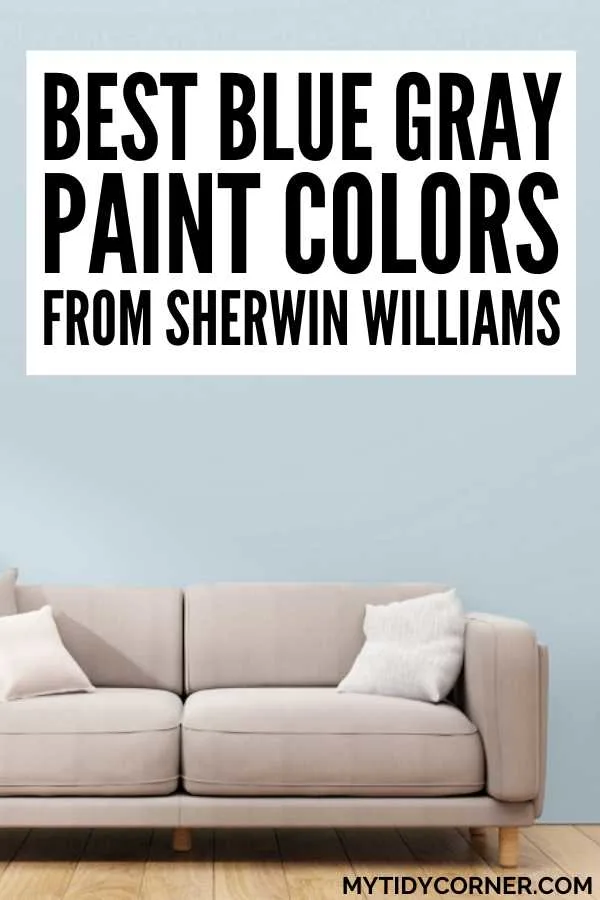 Blush couch in front of a grayish blue wall and text overlay that reads, "Best blue gray paint colors from Sherwin Williams".