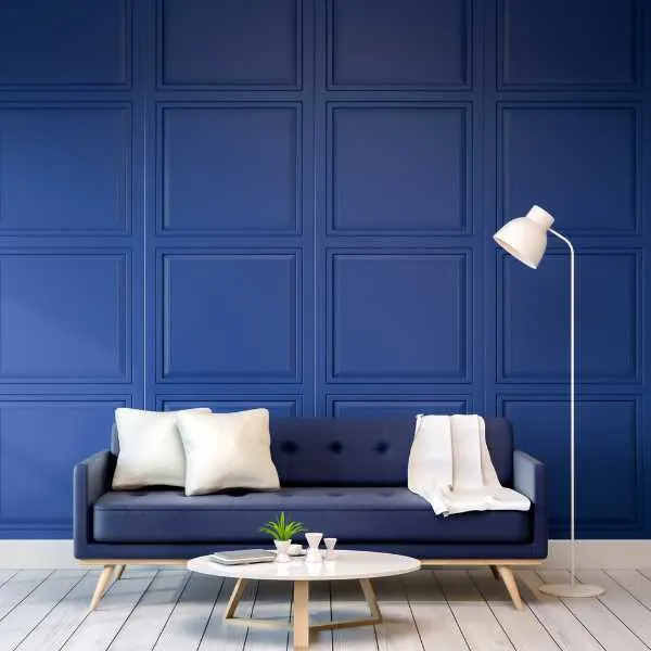 Blue room with white accents.
