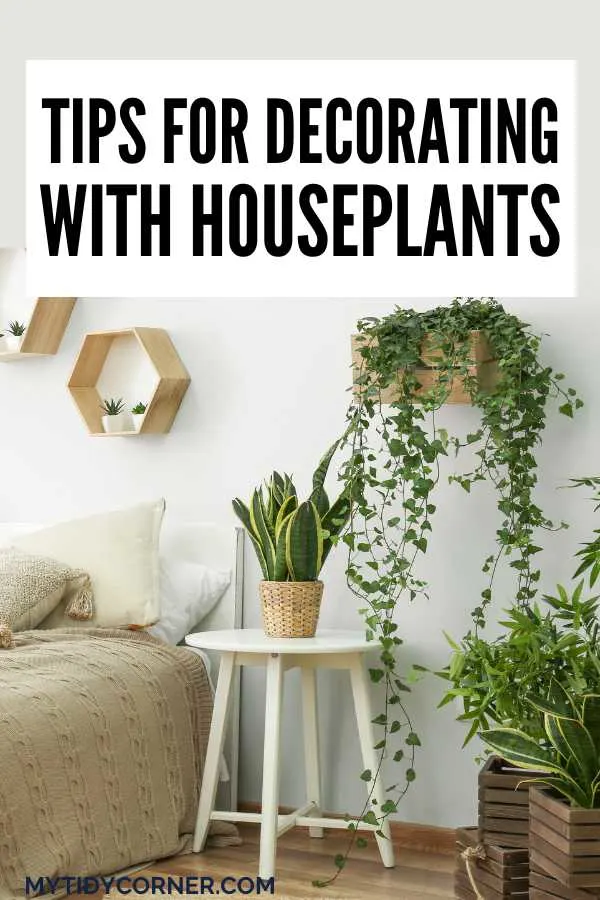 Plants in a bedroom and text overlay that reads, "Tips for decorating with houseplants".