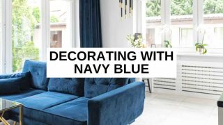 Living room with dark blue couch and curtain and text overlay that reads, 